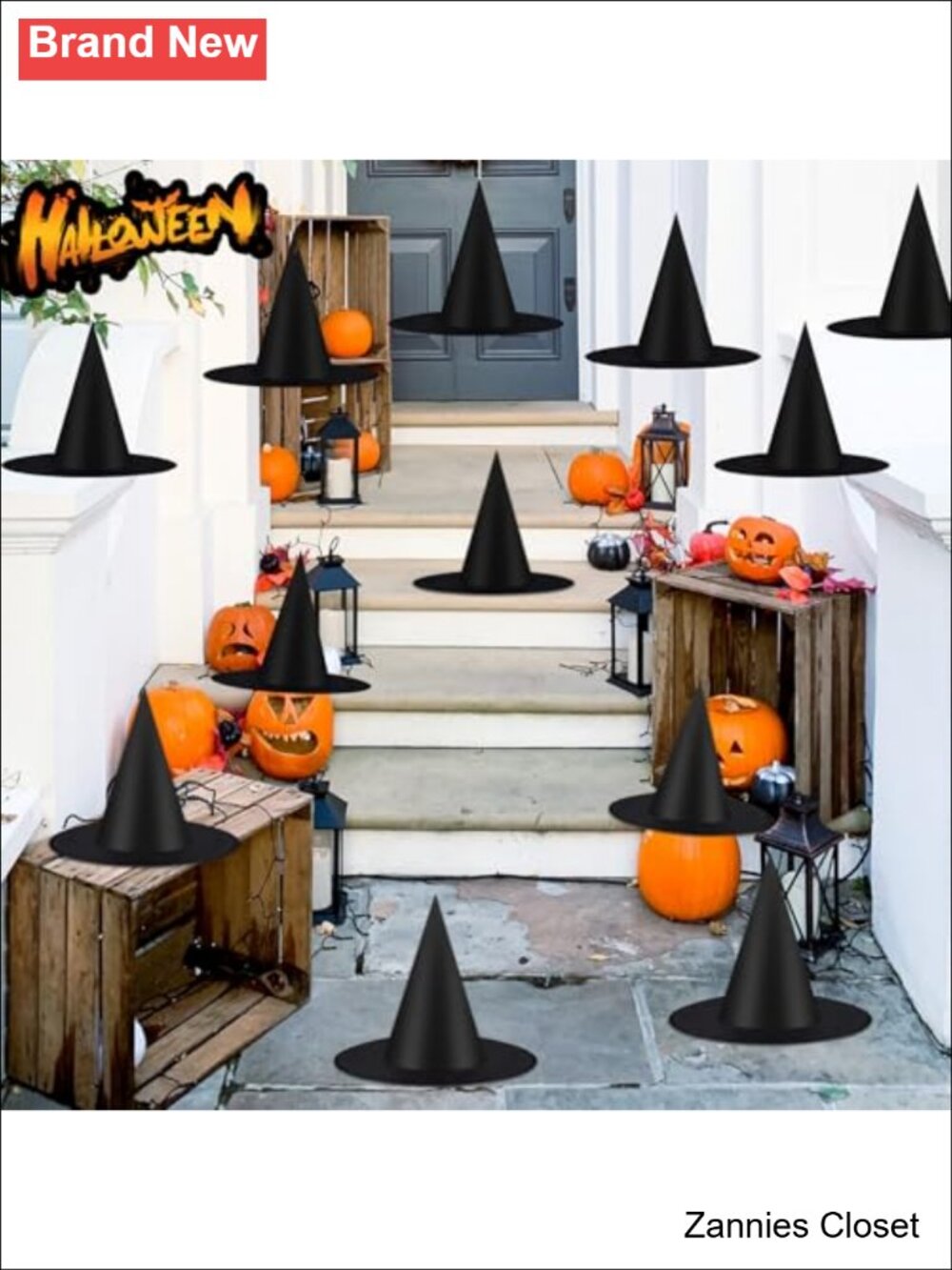 👻 12 PCS Hanging Witch Hats with 115 FT Rope Halloween Decorations